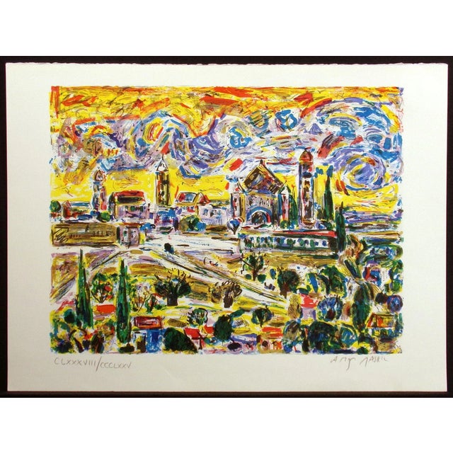 Colorful cityscape of Mt. Zion. Limited edition lithograph art print by Israeli artist Amos Yaskil. Hand signed and...