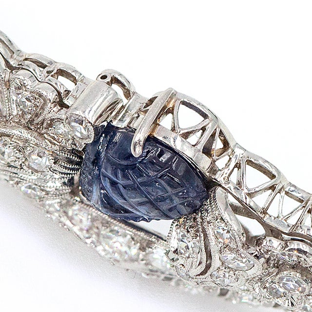 1930s Art Deco Wise Platinum 14k Carved Sapphire Diamond Floral Brooch For Sale - Image 12 of 12