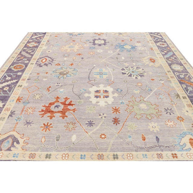 Modern Oushak Style Hand-Knotted Wool Rug - Soft Lavender & Pastel Floral Motif For Sale - Image 9 of 10