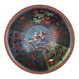 Antique Early Meiji Japanese Cloisonne Enamel Bowl With Rabbits in Waves