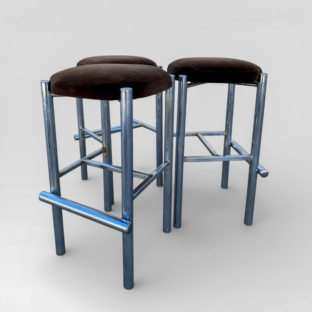 Chrome Bar Stools With Chocolate Velvet Seats, Set of Three,Vintage Mid Century For Sale - Image 13 of 18