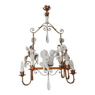 French Large Porcelain Two Cherubs Swinging Roses Chandelier, Circa 1950 For Sale