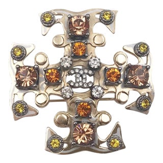 Chanel Gold CC Peach Orange Mustard Crystal Gothic Cross Brooch Pendant For Sale