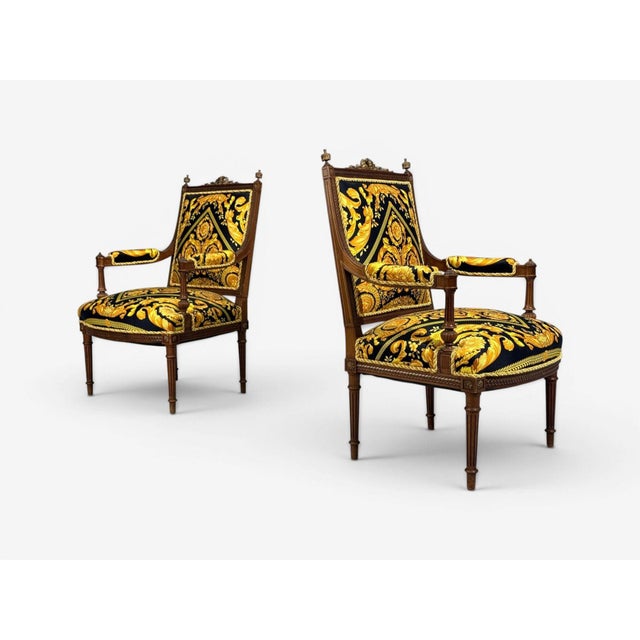 Gianni Versace Fabric Louis XVI Style Armchairs, Walnut, France, 20th C. For Sale - Image 4 of 16