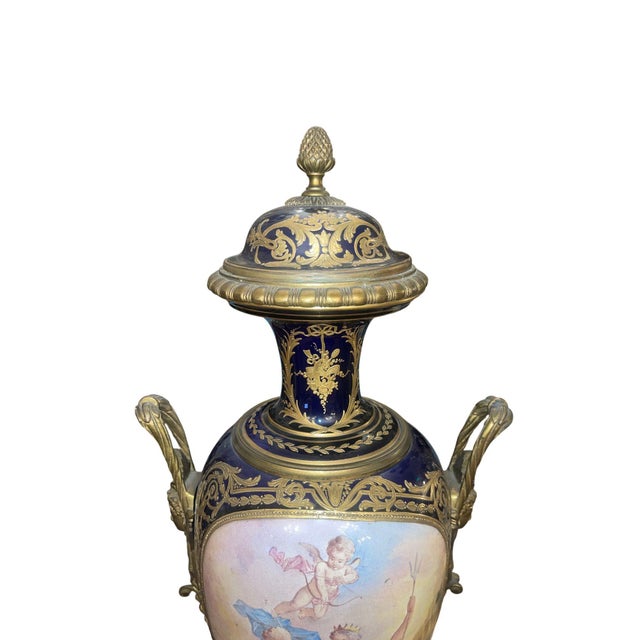 Pair of 19th Century French Sèvres Porcelain Urns With Ormolu Mounts For Sale - Image 4 of 8