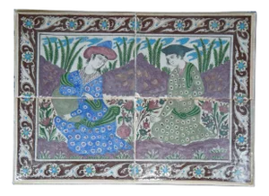 Antique Qajar Dynasty Ceramic Polychrome Framed Mosaic Tile Panel