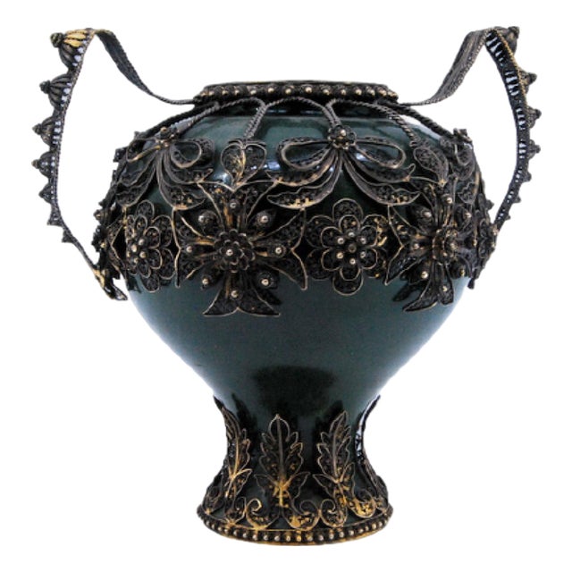 Porcelain Pot with Filigree Silver Applications and Handles For Sale