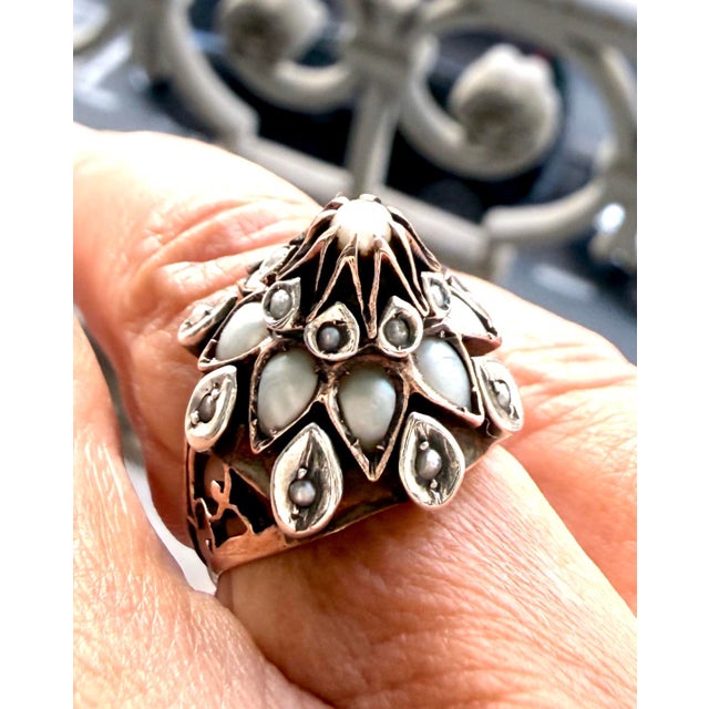 White 19th-Century Gold, Silver, Mother-of-Pearl and Seed Pearl Dome Ring, Size 5.25 For Sale - Image 8 of 13