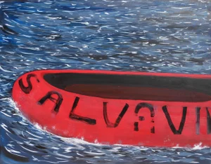 2023 "Salvavida" Blue, Red, and White Contemporary Seascape Painting With Texts by Moisés Villafuerte