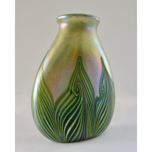 A Vintage Art Nouveaux-Style, Signed Iridescent Thick and Solid "Feather," Vessel/ Vase For Sale - Image 4 of 18