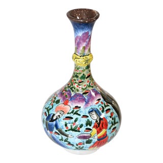 Turkish Ottoman Scene Polychrome Hand Painted Ceramic Vase Kutahya For Sale