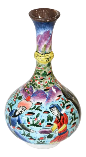 Turkish Ottoman Scene Polychrome Hand Painted Ceramic Vase Kutahya