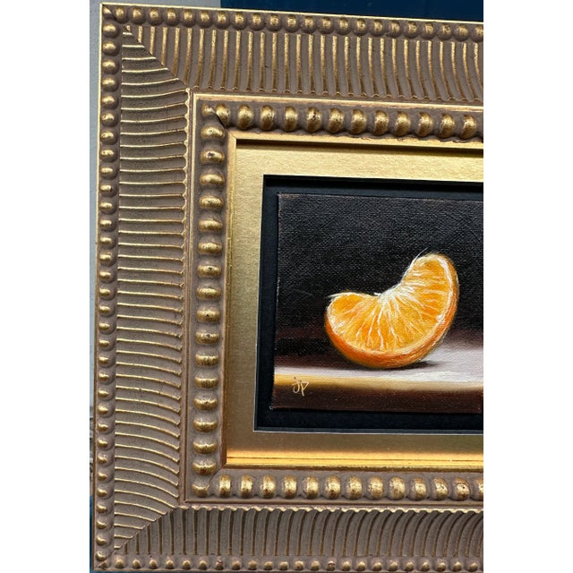 21st Century Orange Slice Oil on Board Gilt Wood Framed Painting Yellow Black Gold Handmade Signed Still Life Fruit For Sale - Image 11 of 13