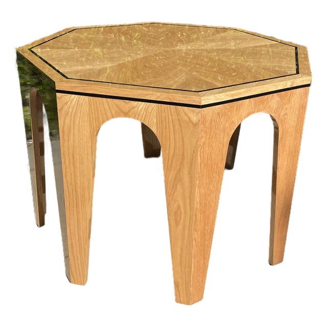 Made Goods Colter Sculptural Wood Entry Table With Marquetry Top For Sale