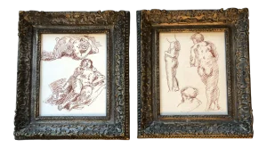 Gallery Wall Collection-2 Original Classical Brown Ink Nude Study Drawings in Vintage Frames - a Pair
