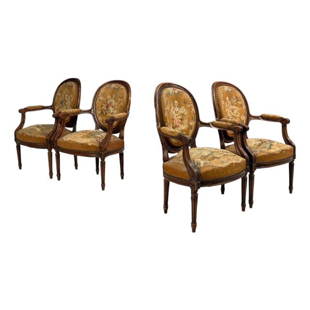 Louis XVI Style, Four Armchairs, Tapestry, Walnut, France, 20th C. For Sale