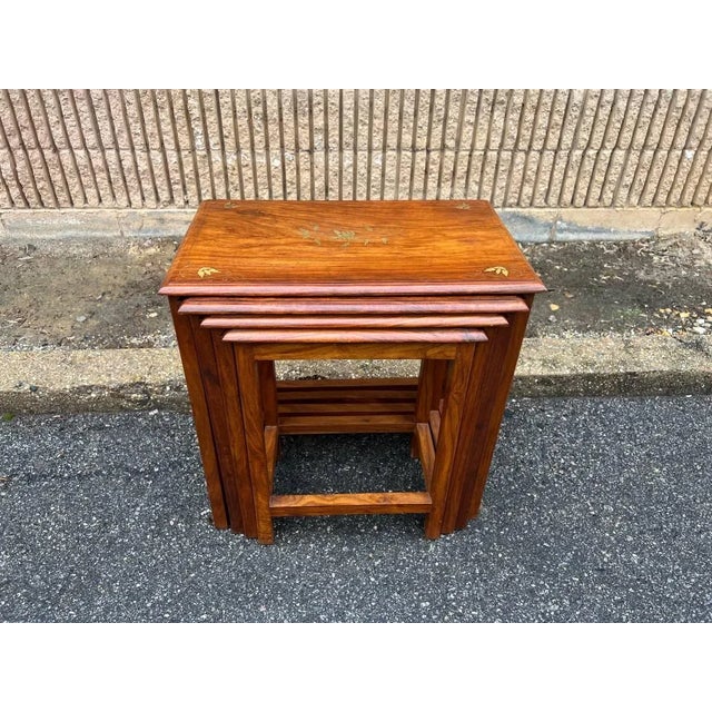 Mid 20th Century Solid Teak Brass Marquetry Inlaid Nesting Tables - Set of 4 For Sale - Image 10 of 13