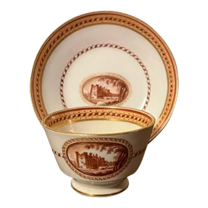 Antique Early 19th Century New Hall Porcelain Tea Cup & Saucer With Sepia Landscapes