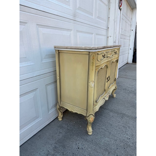 Mid 20th Century Vintage French Provincial Hand Painted Cane Door Cabinet With Marble Top For Sale - Image 5 of 11