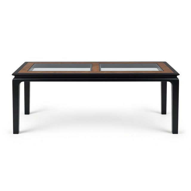 Chinoiserie 1970s Attributed to Chin Hua by Raymond Sobota for Century — Black Lacquer & Burl Glass-Top Extension Table, Model 540-333 For Sale - Image 3 of 11