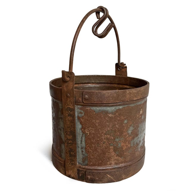 Metal Large Antique Iron Bucket W/Handle For Sale - Image 7 of 8