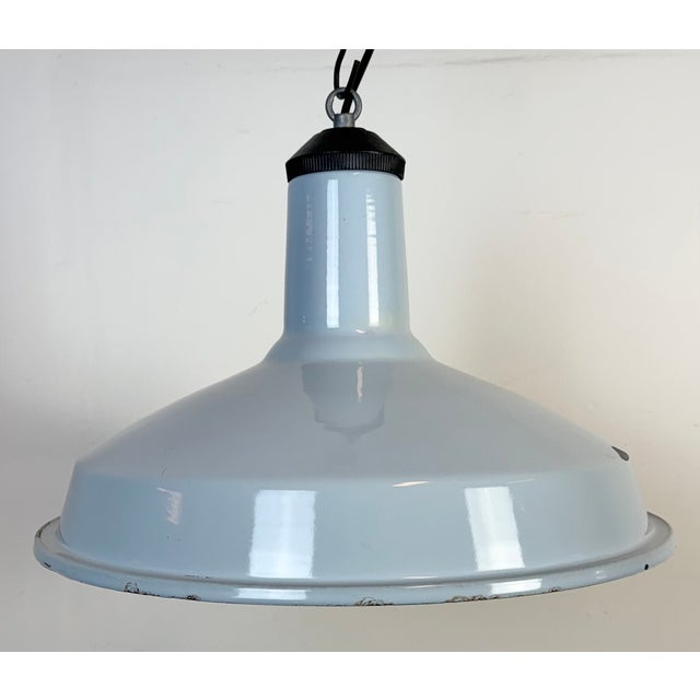 Industrial Light Blue Enamel Factory Pendant Lamp, 1960s For Sale - Image 6 of 18