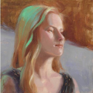 Polka Dot Dress by Kirsten Savage | Oil on Panel Portrait of a woman with long hair in a dress. For Sale