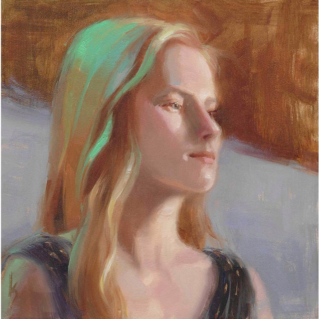Polka Dot Dress by Kirsten Savage | Oil on Panel Portrait of a woman with long hair in a dress. For Sale