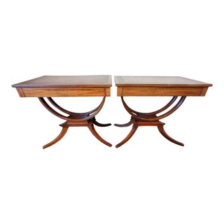 Mid 20th Century Vintage Regency Tooled Leather Curule Base End Tables - a Pair For Sale