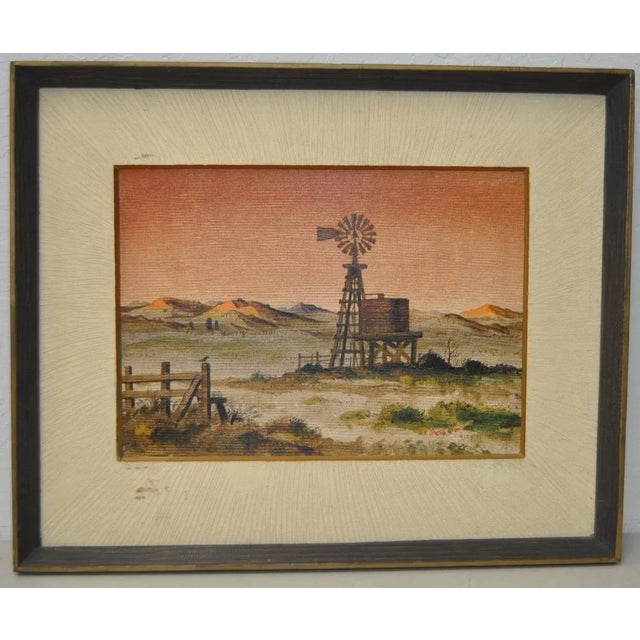 Forrest Hibbits "Country Farm" Oil Painting c.1970s Beautiful light begins the day. A bird sits on the fence. A windmill...