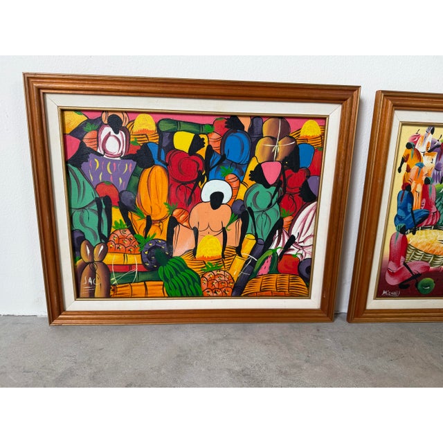 Vintage Haitian Folk Art Market Scene Oil on Canvas Painting by Michael, Wood Framed For Sale - Image 4 of 12