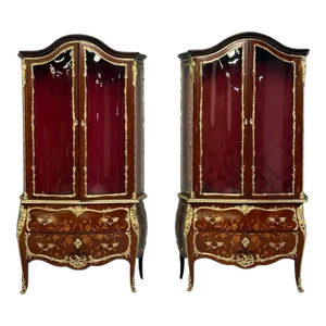 Louis XV Style, Bombe Vitrines, Ormolu Bronze, Inlaid Marquetry, France, 19th