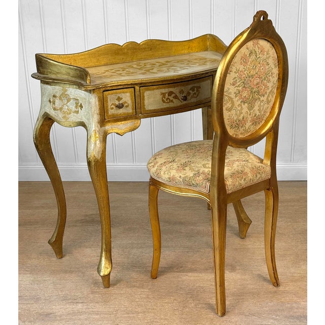 Vintage Italian Rococo Gold Giltwood Writing Desk Vanity W/ Chair For Sale - Image 4 of 14