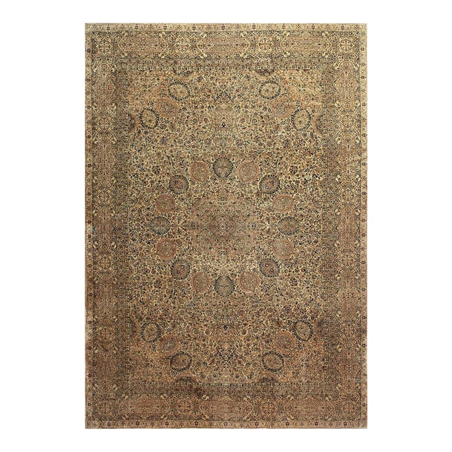 1900s Antique Beige Ground Shah Abbas Floral Kerman Knotted Wool Carpet Rug For Sale
