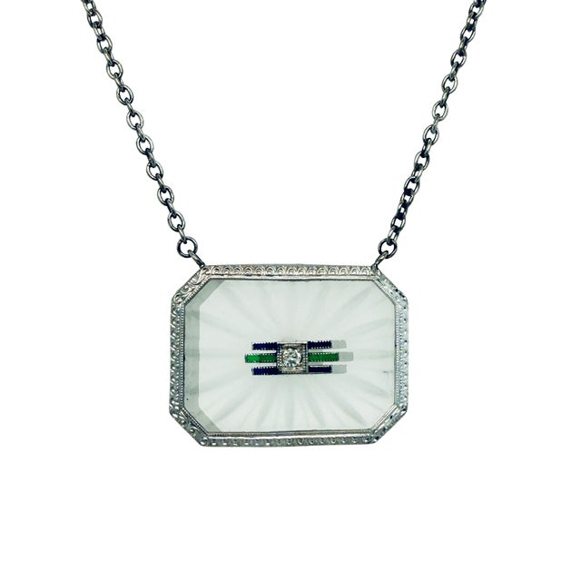 Art Deco Art Deco Rock Crystal & White Gold Pendant Necklace – Diamond & Enamel – 1920s For Sale - Image 3 of 4