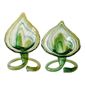 1970s Art Deco Style Hand-Blown Green Swirl Calla Lily Vases - a Pair