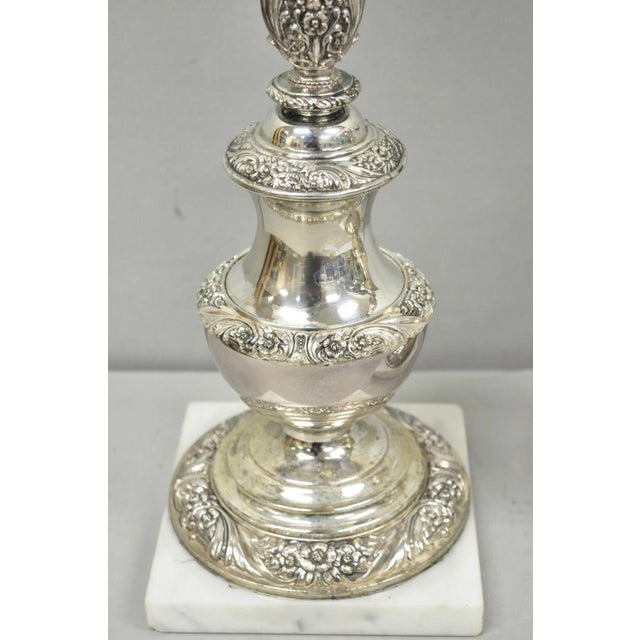Metal Mid 20th Century International Victorian Silver Plate Floral Repousse Candlestick Table Lamp Pair For Sale - Image 7 of 18