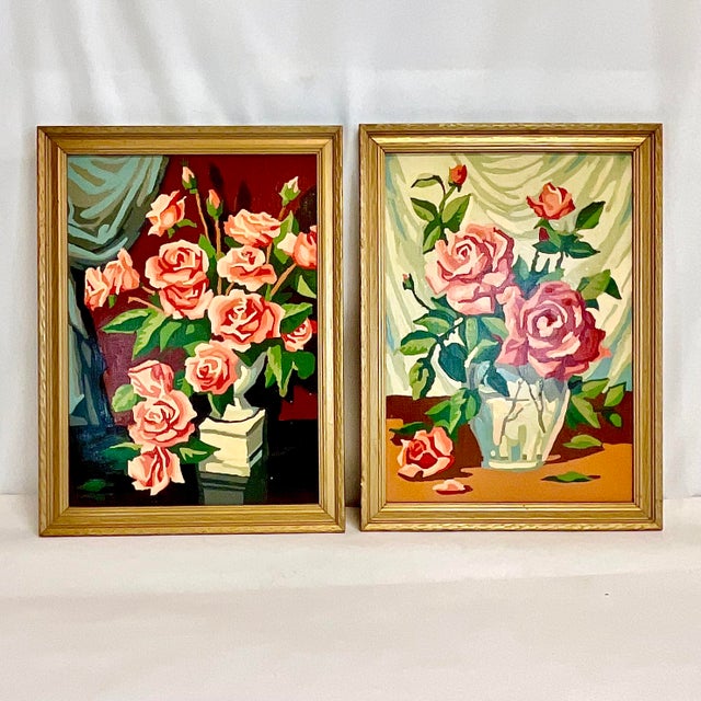 We have here a complimentary pair of Mid-Century paint by number oil paintings in oak frame from the same era. The still...