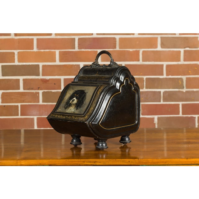 Victorian English Victorian Period 1880s Black Coal Box with Hand-Painted Dog Motif For Sale - Image 3 of 12