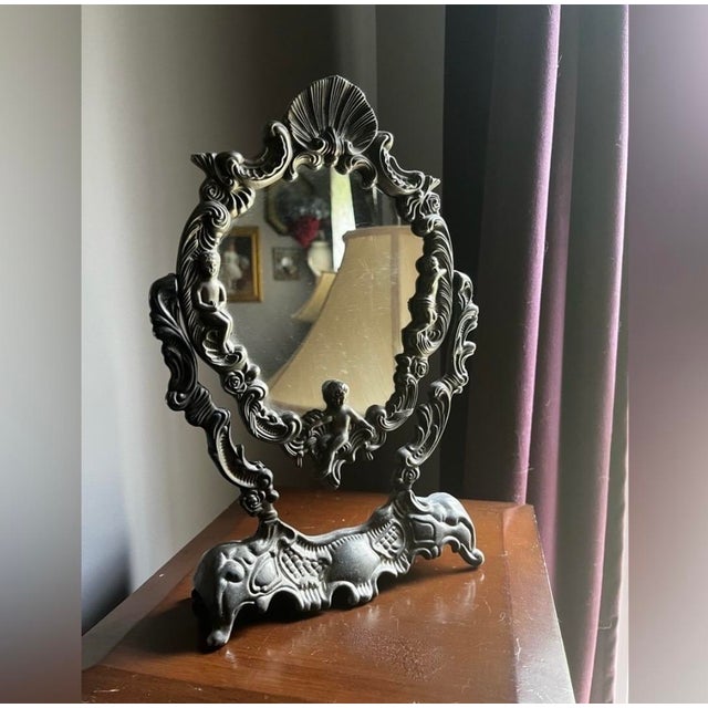 Victorian Vintage Ornate Silver Plated Cherubs Angel Tabletop Mirror For Sale - Image 3 of 12