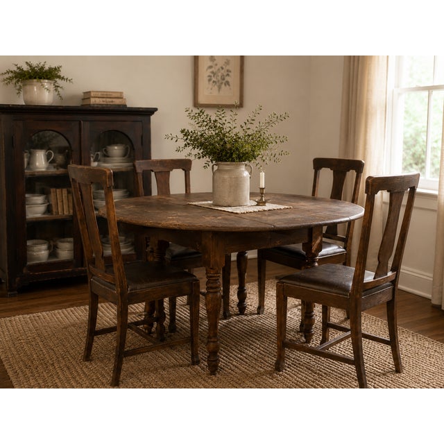 A handsome set of four antique American oak dining chairs featuring shaped splat backs, solid oak construction, gracefully...