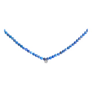 Sterling Silver Diamond Accent Blue Lapis Bead Station Necklace For Sale