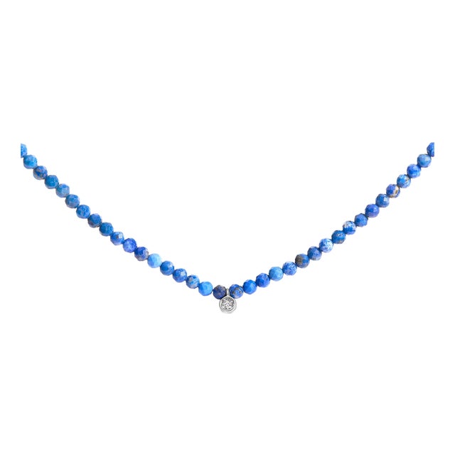 Sterling Silver Diamond Accent Blue Lapis Bead Station Necklace For Sale