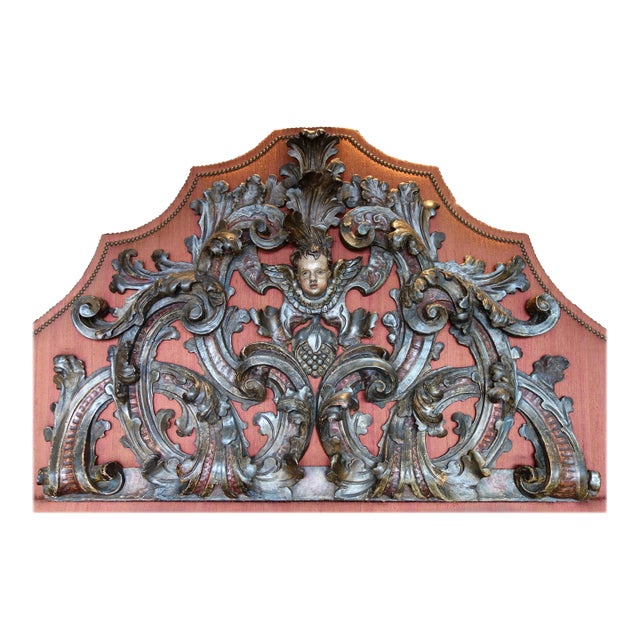 17th Century Italian Baroque Carved & Polychrome Painted Putto Lintel Headboard For Sale