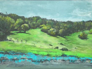 Olompali State Historic Park Us-101 18*24 Gouache Acrylic Painting Original Art by Carrie Bergey - Blue, Green, Black, Teal, Grey