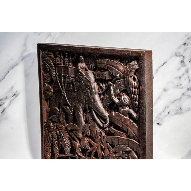 Fascinated Large Antique Colonial India Hand Carved Wood Plaque Anglo-Indian Elephant Tiger Safari Wall Panel British Raj Art Home Decor For Sale - Image 13 of 16