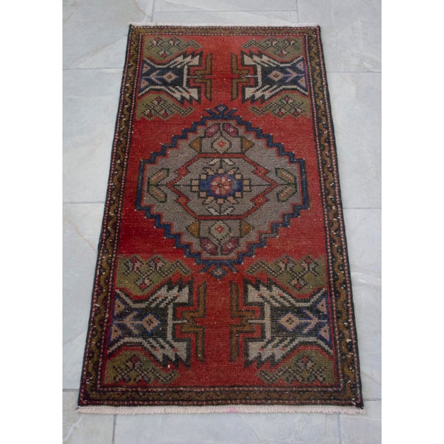 Distressed Low Pile Turkish Yastik Petite Rug Hand Knotted Faded Mat - 20'' X 39'' For Sale - Image 12 of 13