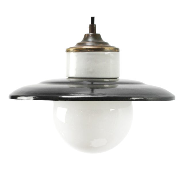 Vintage Black Enamel, Opaline Glass, Porcelain & Brass Pendant Lamp For Sale