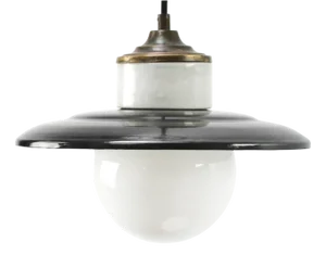 Vintage Black Enamel, Opaline Glass, Porcelain & Brass Pendant Lamp