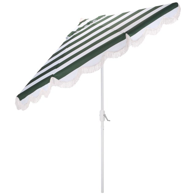 Dark Green Lucerna 9 Ft Crank Umbrella, Green Stripe/White Pole For Sale - Image 8 of 9